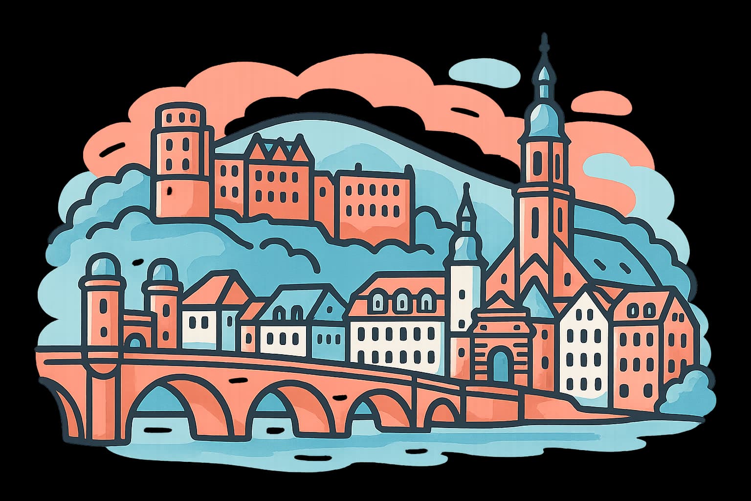 Blick auf die historische Altstadt von Heidelberg mit Schloss, Neckar und charakteristischer Stadtsilhouette